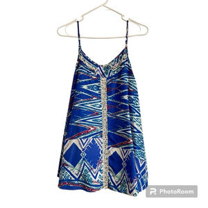Lovers+Friends Hagar Mini Dress Blue White Ikat Print Sleeveless Swing Dress XS